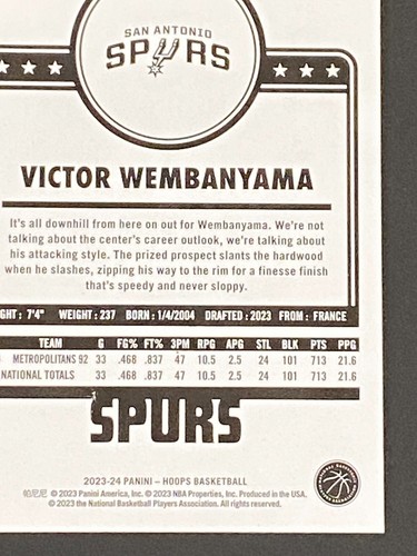 Victor Wembanyama 2023-24 Panini NBA Hoops RC #298 - Picture 9 of 10