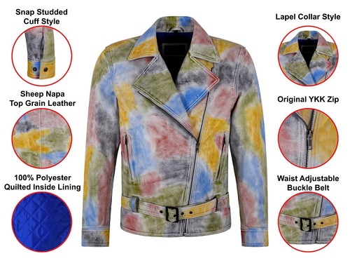 Mens Brando Biker Real Leather Jacket Multicolored Tie-dye Waxed Slim Fit Jacket - Picture 2 of 6