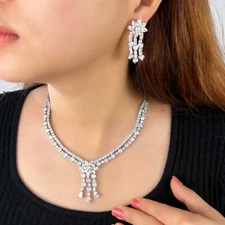 Women Silver Plated Cubic Zirconia Flower Earrings Necklace Wedding Jewelry Set