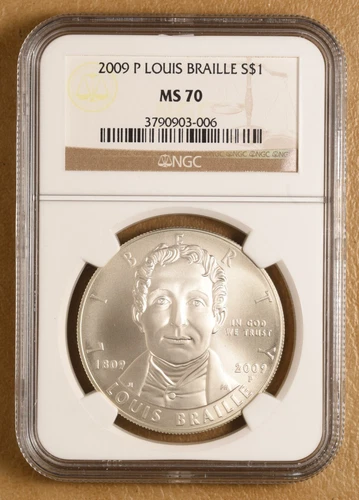 2009 P Louis Braille Commemorative Silver Dollar NGC MS70