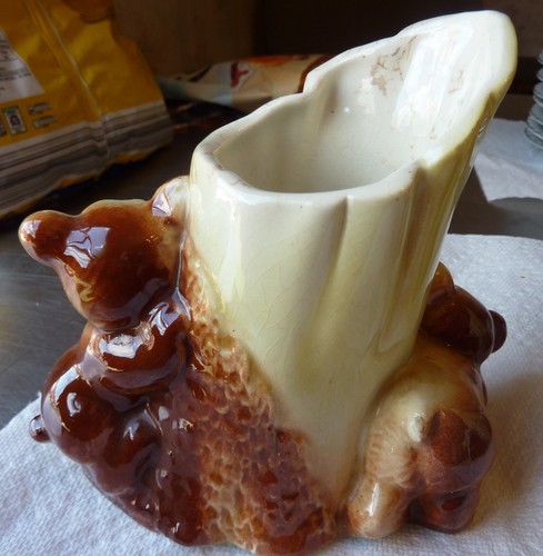 VTG American Bisque 1950s Bear Cubs Tree Trunk Ceramic Planter Vase Black Brown - Picture 8 of 11