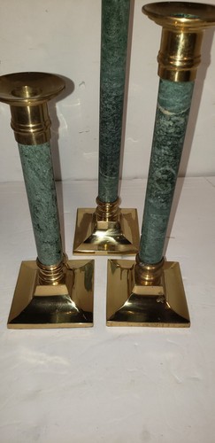 Vtg 1980's Set Of 3 Solid Brass & Green Marble Candlesticks 13-3/8" 11-5/8 9.75" - Picture 16 of 16