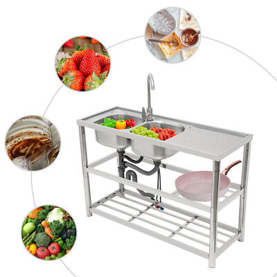 Free Standing Commercial Kitchen Sink Stainless Steel Dual Bowl For Restaurant~