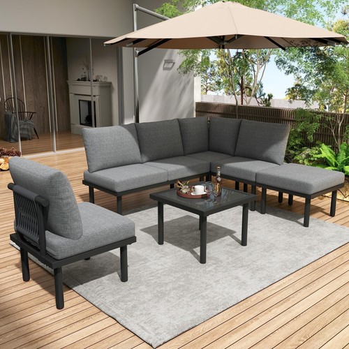 Lounge Sitzgruppe Metall Gartengarnitur Ecksofa Set Terrasse Gartenmöbel Grau - Bild 2 von 13