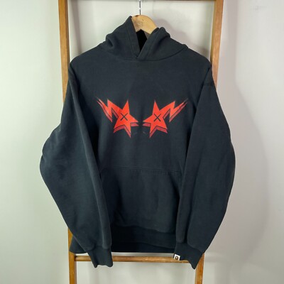 Bape X KAWS Hoodie Sweatshirt Mens Large Black Double Star Graphic Pullover