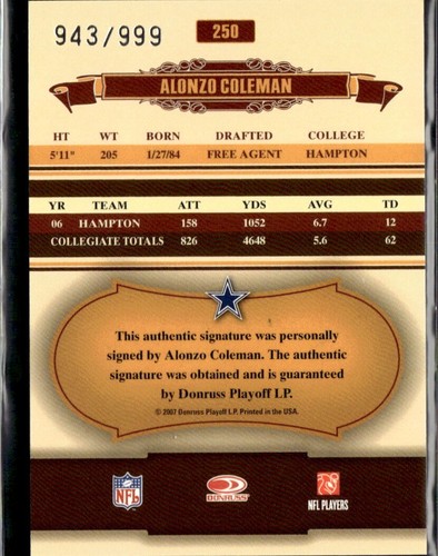 2007 Donruss Playoff /999 Auto Alonzo Coleman Cowboys #250 - Bild 2 von 2