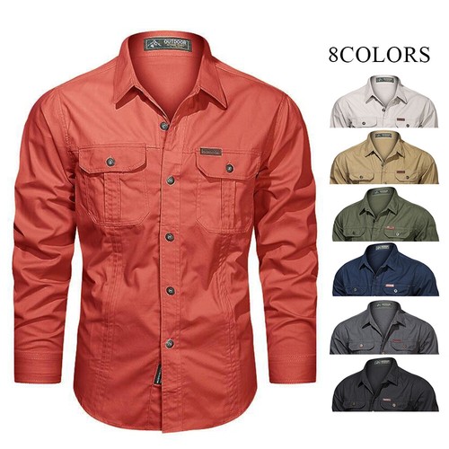 Mens Cargo Shirt Lapel Neck Tops Men Soft Long Sleeve Holiday Tactical Shirts ∂ - Picture 4 of 23