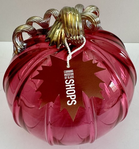 Corning Brian Juk 8” Pink Glass Pumpkin Hand Blown Corning Museum of Glass NEW - Picture 3 of 11