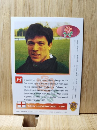 TONY UNDERWOOD🏆1994 #59 South Africa International Rugby Sports Deck Card🏆 - Bild 2 von 2