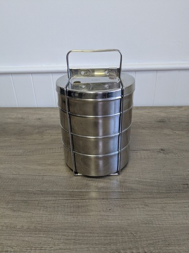 Vintage Lalit 4 Ebenen Edelstahl Brotdose Stapel Hergestellt in Indien. Selten