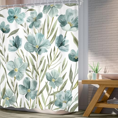 Green Floral Shower Curtain 60Wx72L Inch Aqua Blue Flower Abstract Wildflower  - Imagen 3 de 7