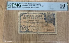 SPAIN 10 Pesetas 1936 Pick #98a Very Rare Note!! 948510-18