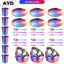 [Rainbow Camping Kit] 36/12pcs Rainbow Stainless Steel Camping Tableware Kit