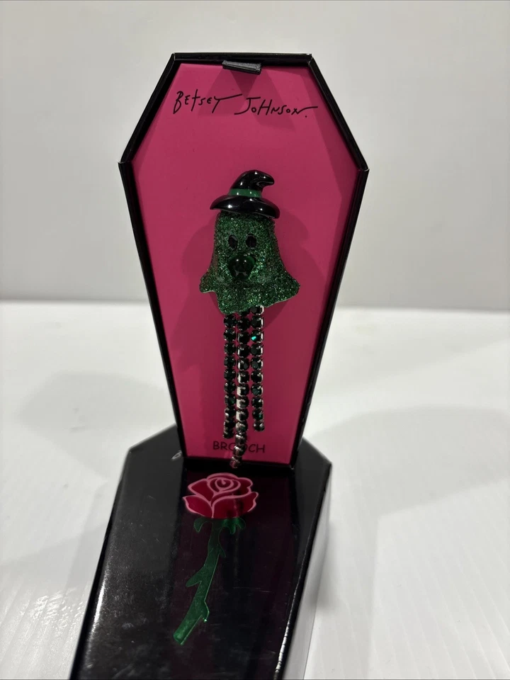 Betsey Johnson зеленый призрак ведьма Pin брошь Хэллоуин черный кристалл блестящий новый в коробке - Изображение 2 из 4