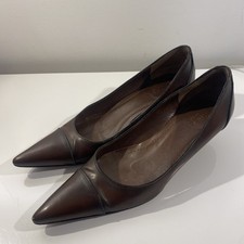 Gucci Brown Leather Pointed Cap Toe kitten Heel Pumps Sz 37