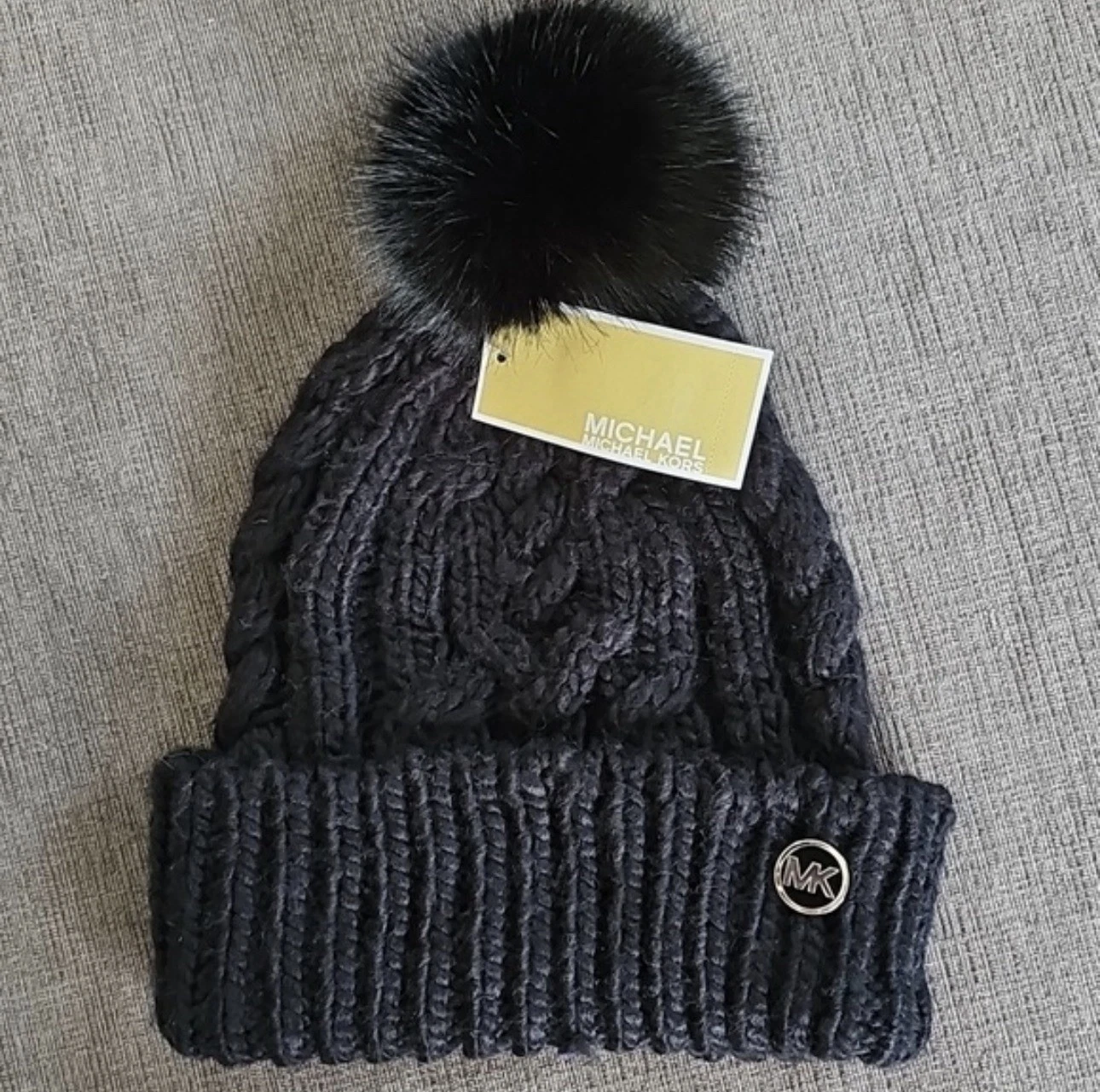Michael Kors Cable-knit Black Beanie Hat Faux-fur Pom-pom Fleece Lined