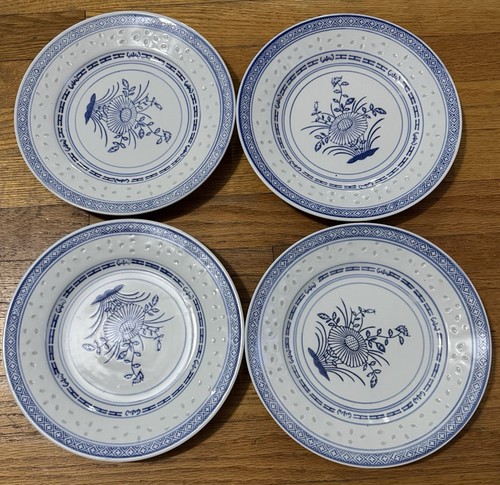 4 Jingdezhen Reisauge Blume Korn 9" Essteller blau & weiß Porzellan