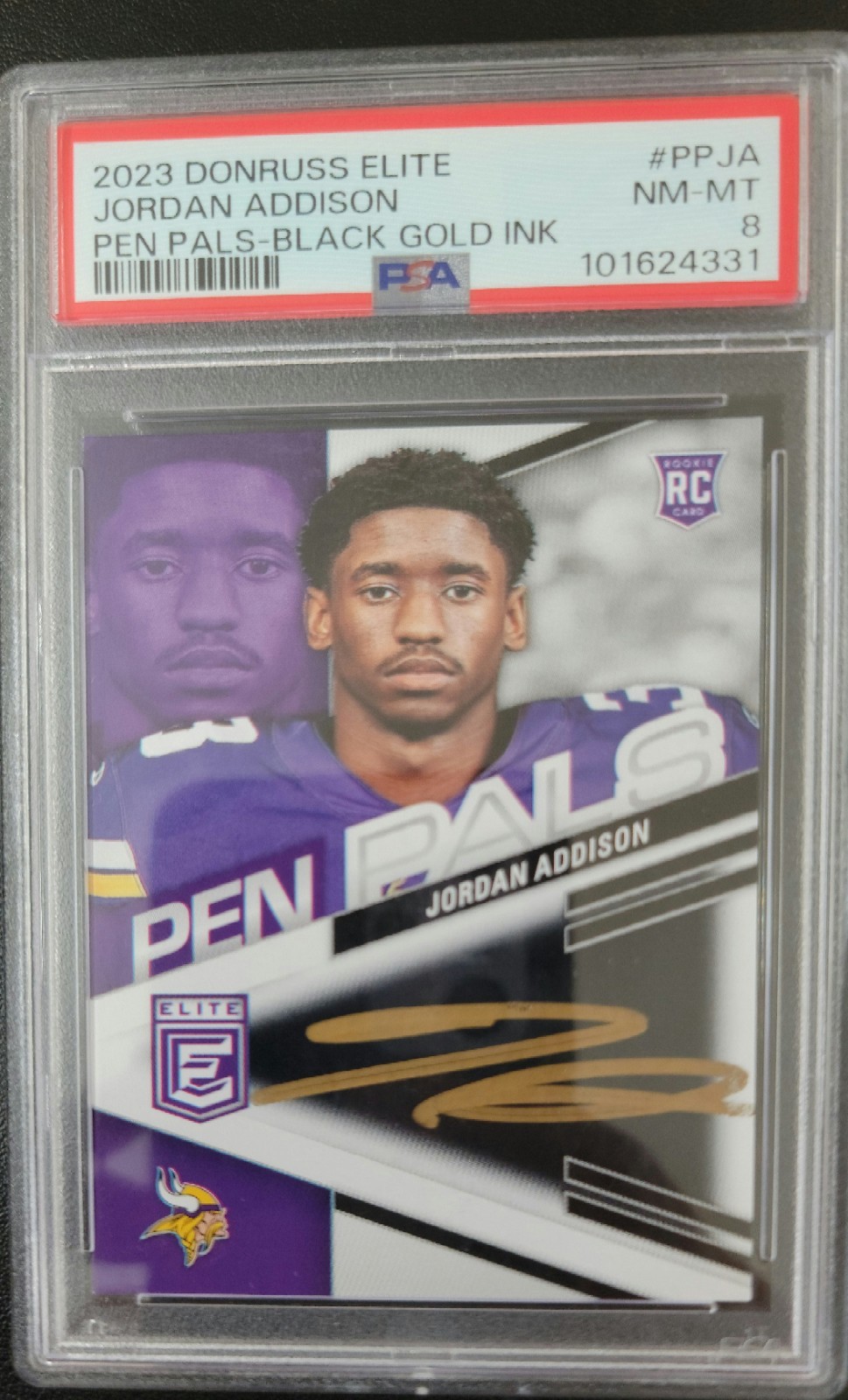 2023 DONRUSS ELITE BLACK GOLD INK PEN PALS AUTOGRAPH JORDAN ADDISON VIKINGS