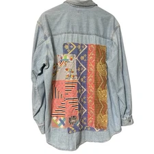 Upcycled Denim Shirt L Kantha Boho Festival Patchwork Artsy Sustainable Hippie
