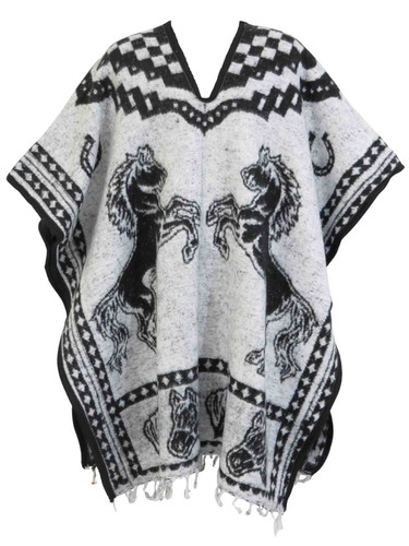 Authentic Mexican Poncho Gaban - Unisex Black Poncho with Horses Design - Picture 4 of 5