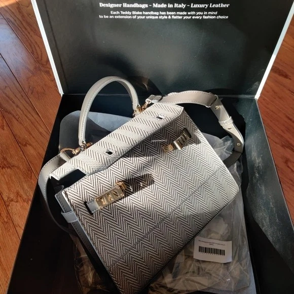 Bolso de Mano Teddy Blake 9" Kim Stampato - Cuero Estampado, Patrón Gris, Tono Dorado