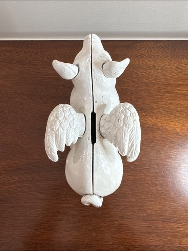 Cast Iron White Flying Pig Piggy Bank WHEN PIGS FLY Farmhouse Rustic Decor Heavy - Picture 6 of 15