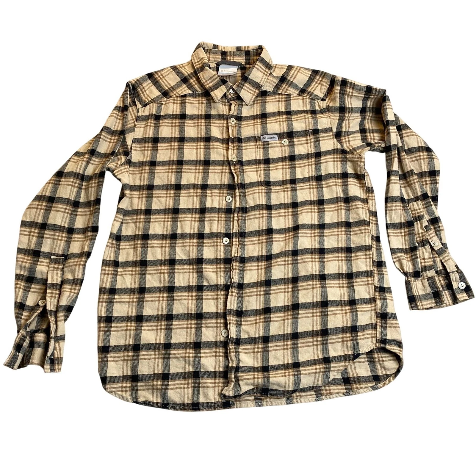 Columbia Mens Shirt Medium Long Sleeve Flannel Plaid Button Up Casual Beige