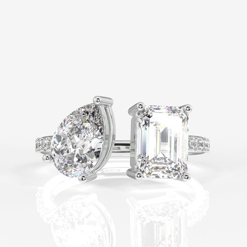 2Ct Pear and Emerald Two Moissanite Toi Et Moi Engagement Ring 925 Silver Ring - Picture 2 of 3