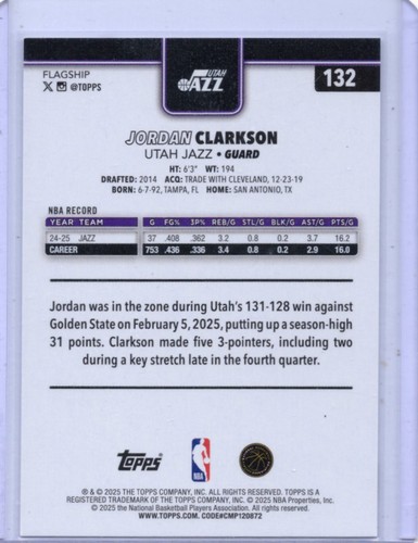 2025-26 Topps Basketball - Jordan Clarkson #132 Utah Jazz - Picture 2 of 2