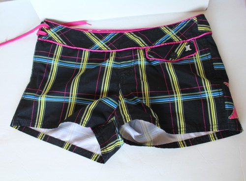 Hurley Summer 2008 Women's Black Pink Yellow Blue Plaid Board Shorts - Size 5 - Picture 2 of 6
