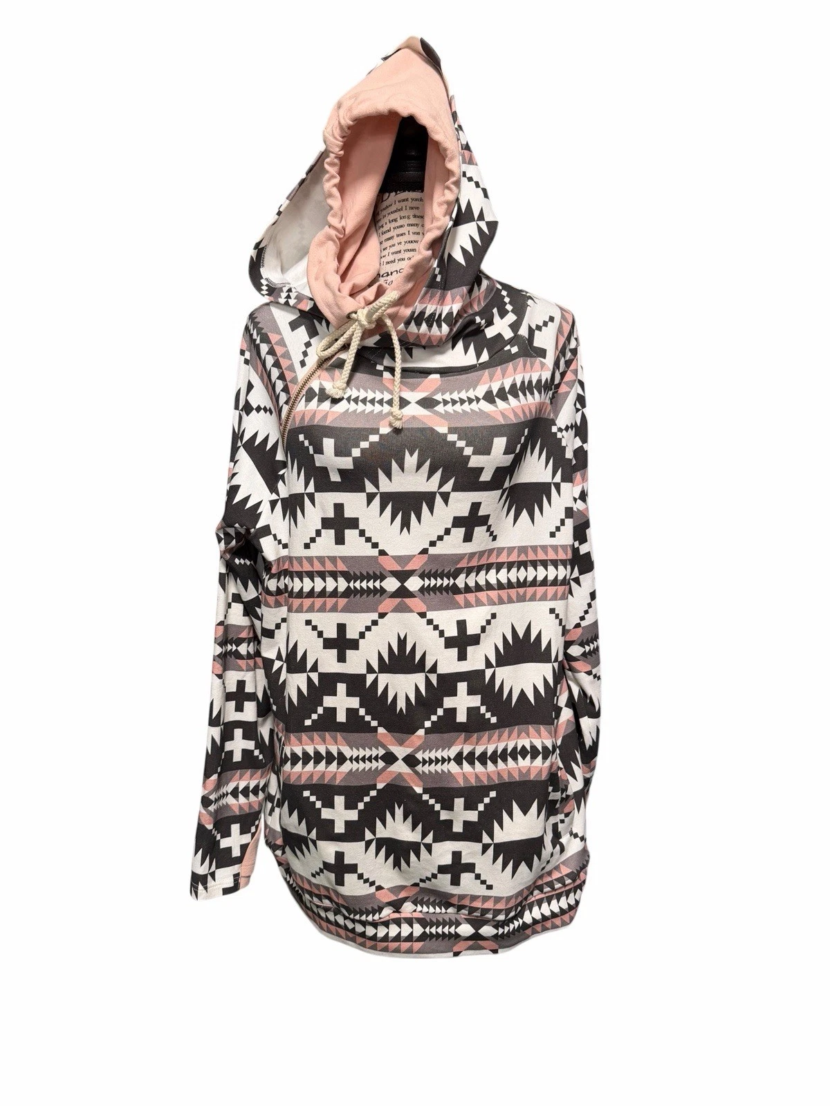 Womens Aztec Print Boho Hoodie Sweatshirt Black Pink Cotton Pockets XL NWT