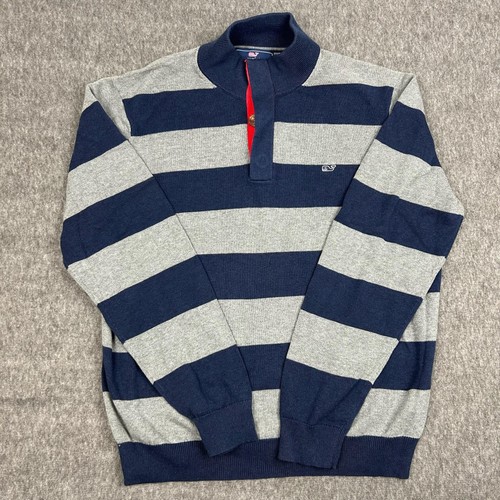 Vineyard Vines Sweater Mens Medium Striped Whale Quarter Button Pullover - Picture 7 of 14