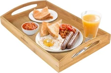 Serving Tray Bamboo - Wooden Tray with Handles Great for Dinner Trays, Tea Tray