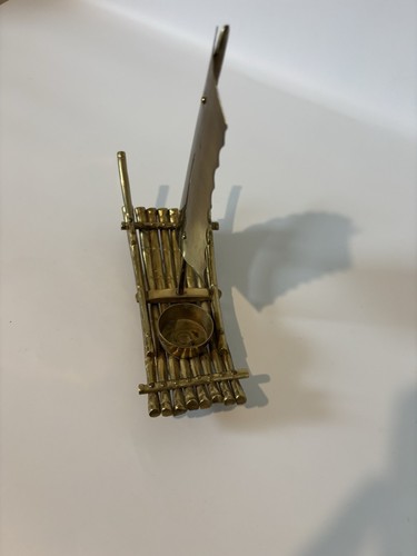 Vintage Brass Chinese Bamboo Raft Sail Boat Candle Holder Or Incense Burner - 第 6/6 張圖片