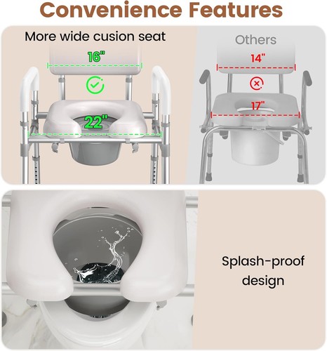 Bedside Commode & Padded Seat and Backrest, Aluminum Commode Toilet with Bucket - Picture 3 of 8