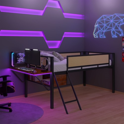 Twin/Full Size Loft Bed Metal Bed Frame with Desk & LED Lights & Storage Shelf - Picture 4 of 72