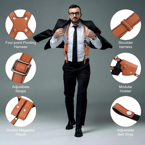 Tactical Underarm Shoulder Gun Holster Leather Pistol Mag Pouch Concealed Carry - Picture 2 of 11