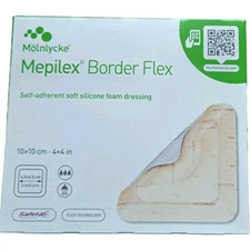 💚 Box Of 5- Molnlycke Mepilex Border Flex 4" x 4" - Soft Silicone Foam Dressing