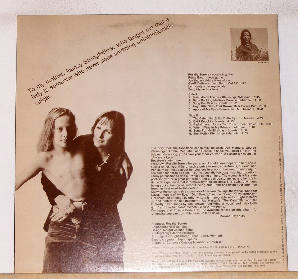 Rosalie Sorrels - Always A Lady - 1976 LP Record Album  - Vinyl Near Mint - Image 2 of 2