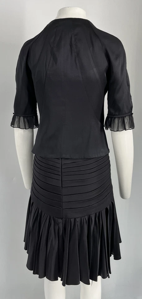 Zac Posen Black Silk 3/4 Sleeve Ruffle Hem Shirt+Pleated Skirt Set sz 6 - Image 3 of 4