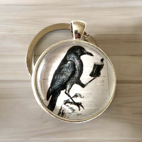 Crow Raven Reading A Book Handmade Glass Keyring. Steampunk Goth Wicca Gift - Picture 5 of 6