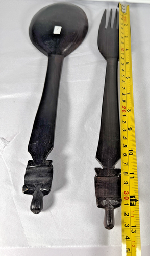 Vintage Salad Servers Handmade Wooden African Tortoise Animal Detail Design - Picture 20 of 21