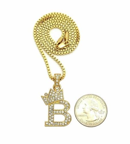 Alphabet Initial Letter Crown Pendant with 20" Box Chain Hip Hop Unisex Necklace - Picture 7 of 57