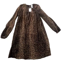 H&M Womens Brown Animal Print Long Sleeve Chiffon Dress Ruffled Size 0 NWT
