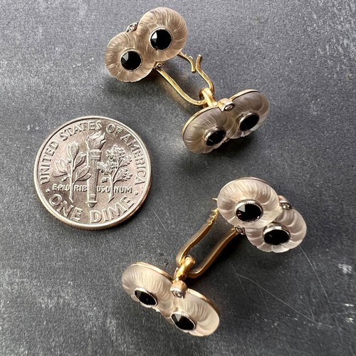 French Rock Crystal Onyx and Diamond 18K Yellow Gold Platinum Cufflinks - Picture 9 of 12