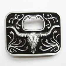 Bull Long Horn Bottle Opener Western Black Enamel Metal Fashion Belt Buckle
