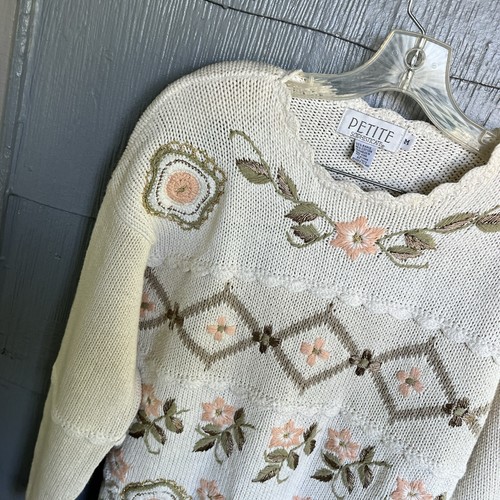 Vintage Petite Sophisticate Sweater Womens M Ivory Floral Embroidery Cottage - Picture 3 of 4