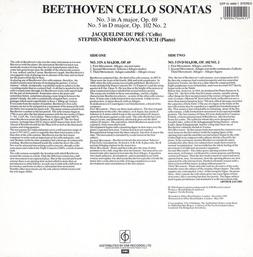 BEETHOVEN Cello Sonatas 3 & 5 DU PRE BISHOP-KOVACHEVIC EMI CFP-4144941 1965 Rec - Bild 2 von 3