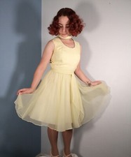 1960s Vintage Chiffon Yellow Pastel Dress Rhinestone Collar Sash Flowing Gown