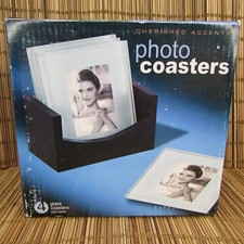Set Of 4 Glass Photo Coasters With Wood Holder Cherished Accents For 2x3 Photos